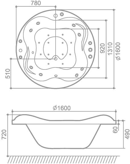 Technical image of Hydra Large Round Sunken Whirlpool Bath With TV (Blue). 1600x1600mm.