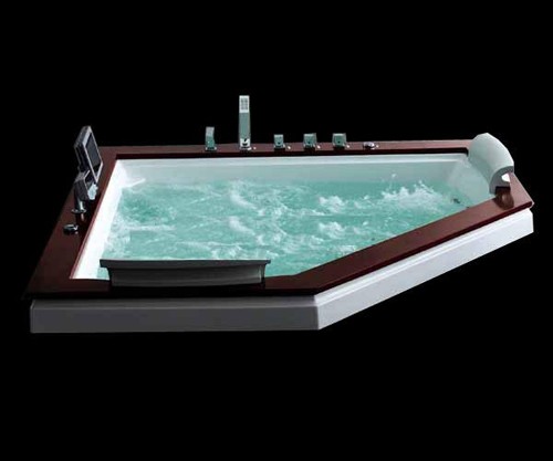 Example image of Hydra Corner Sunken Whirlpool Bath With TV & Oak Surround. 1750x1750.