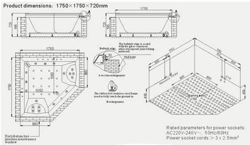 Technical image of Hydra Corner Sunken Whirlpool Bath With TV & Oak Surround. 1750x1750.