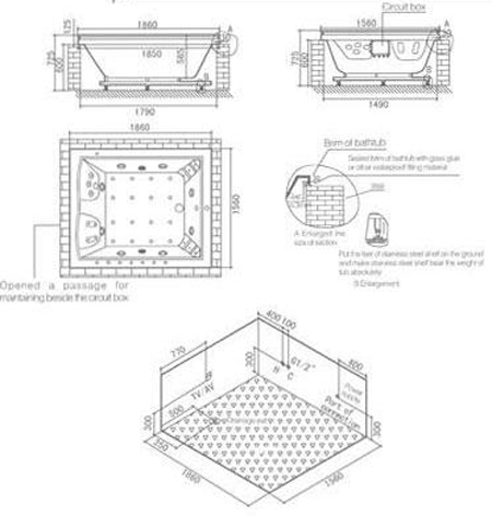 Technical image of Hydra Large Sunken Whirlpool Bath With TV & Oak Surround. 1860x1560.