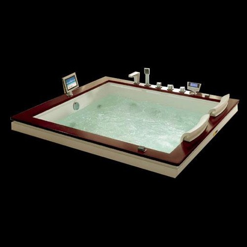 Larger image of Hydra Square Sunken Whirlpool Bath With TV & Oak Surround. 1760x1760.