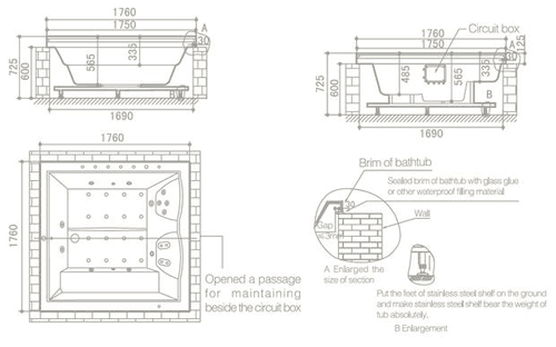 Technical image of Hydra Square Sunken Whirlpool Bath With TV & Oak Surround. 1760x1760.