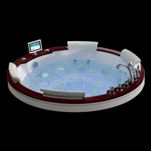 Example image of Hydra Round Sunken Whirlpool Bath With TV & Oak Surround. 1900x1900.