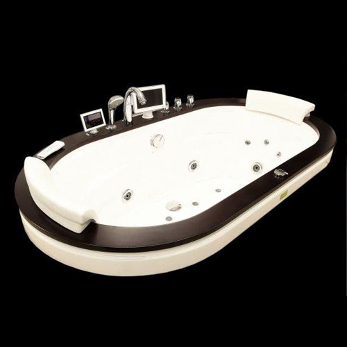 Larger image of Hydra Oval Sunken Whirlpool Bath With Oak Surround. 1900x1050.