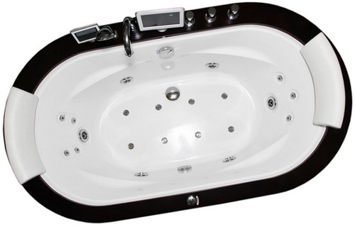Example image of Hydra Oval Sunken Whirlpool Bath With Oak Surround. 1900x1050.