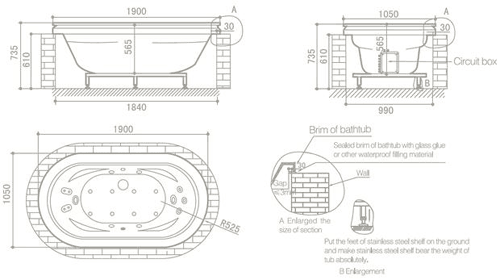 Technical image of Hydra Oval Sunken Whirlpool Bath With Oak Surround. 1900x1050.