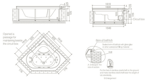 Technical image of Hydra Corner Sunken Whirlpool Bath With TV & Oak Surround. 1610x1610.