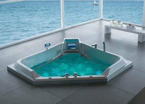 Larger image of Hydra Large Corner Sunken Whirlpool Bath With TV. 1800x1800mm.