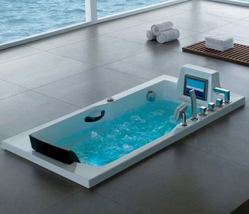 Larger image of Hydra Rectangular Sunken Whirlpool Bath With TV (White). 1700x850mm.