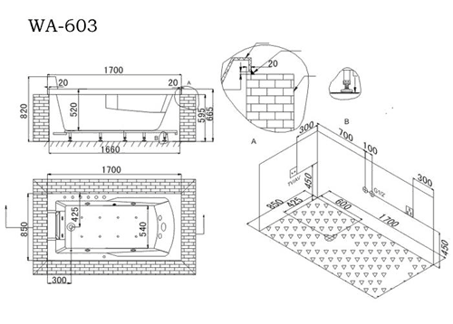 Technical image of Hydra Rectangular Sunken Whirlpool Bath With TV (White). 1700x850mm.