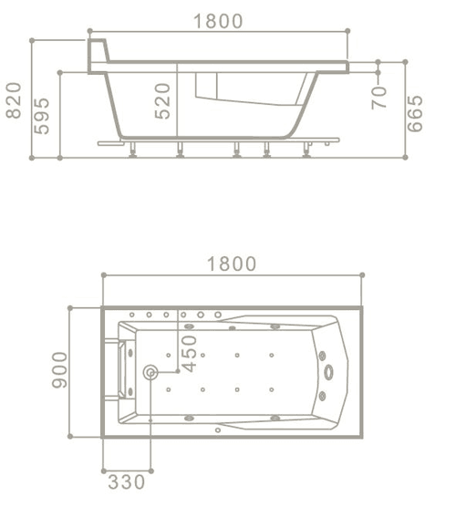 Technical image of Hydra Rectangular Sunken Whirlpool Bath With TV. 1800x900mm.