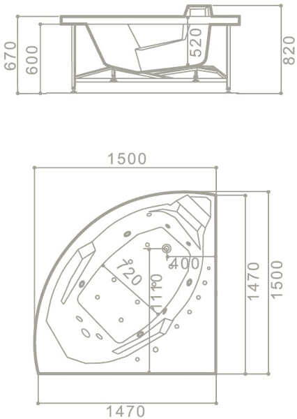 Technical image of Hydra Corner Sunken Whirlpool Bath With TV. 1470x1470mm.