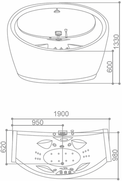 Technical image of Hydra Back To Wall Whirlpool Bath With Rain Shower. 1900x980mm.