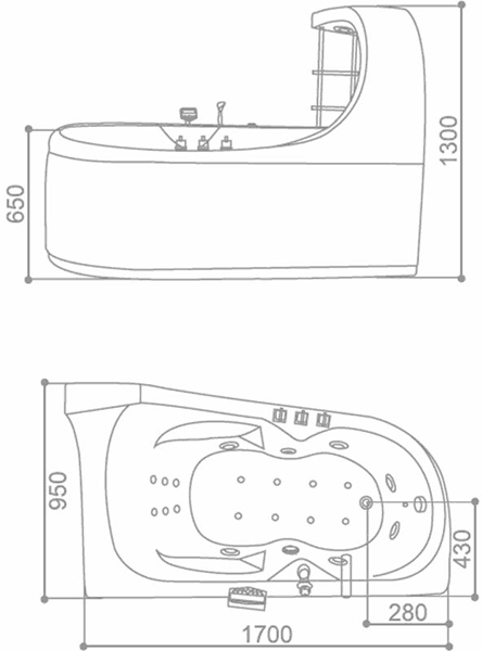 Technical image of Hydra Corner Whirlpool Bath With Rain Shower. 1900x980mm.