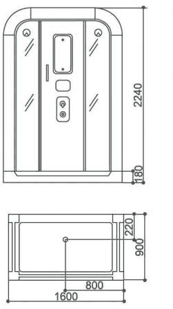 Technical image of Hydra Rectangular Steam Shower Pod With Therapy Lighting. 1600x900mm.