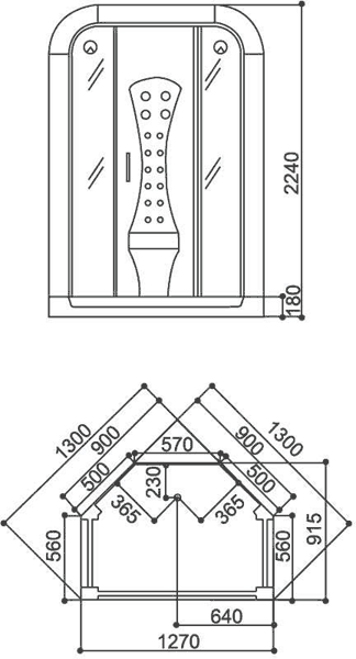 Technical image of Hydra Corner Steam Shower Pod With Therapy Lighting. 1270x915mm.