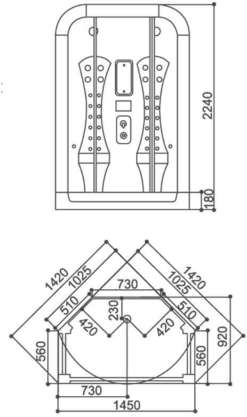 Technical image of Hydra Corner Steam Shower Pod With Therapy Lighting. 1450x920mm.