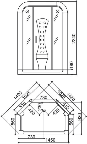 Technical image of Hydra Corner Steam Shower Pod With Therapy Lighting. 1450x920mm.