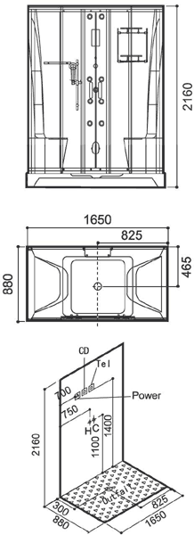 Technical image of Hydra Rectangular Steam Shower Pod With Therapy Lighting. 1650x880mm.