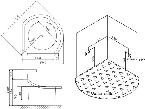 Technical image of Hydra Whale Corner Whirlpool Bath With Waterfall Shower. 1500x1500mm.