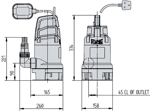 Technical image of Stuart Turner Supervort 140A Submersible Pump With Float Switch.