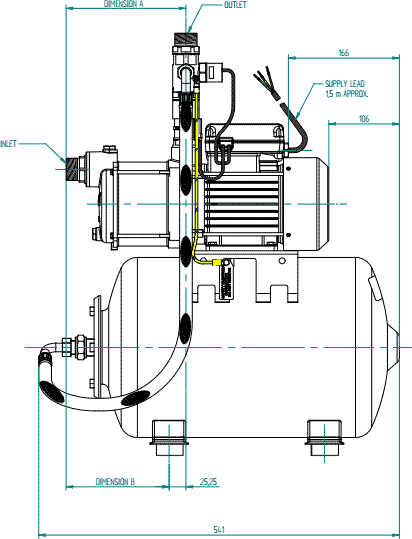 Technical image of Stuart Turner Pressure Set Single Flow Pump & Tank (+/- Head. 2.6 Bar).