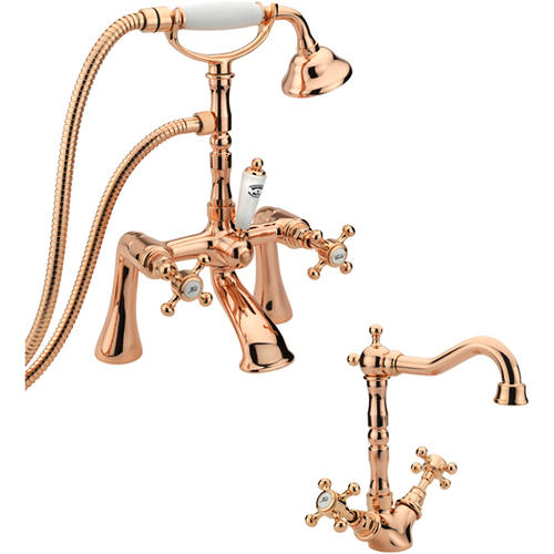 Larger image of Tre Mercati Allora Basin Mixer & Bath Shower Mixer Tap Pack (Rose Gold).