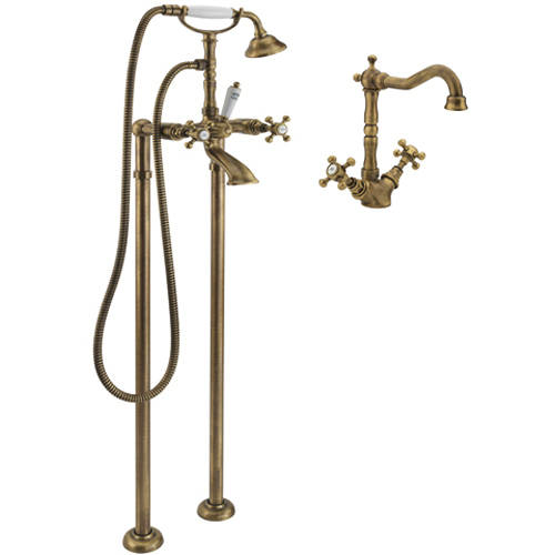 Larger image of Tre Mercati Allora Basin Mixer & Floor Standing Bath Shower Mixer Tap (Bronze).
