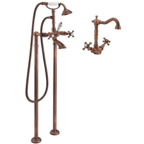 Larger image of Tre Mercati Allora Basin Mixer & Floor Standing Bath Shower Mixer Tap (Copper).