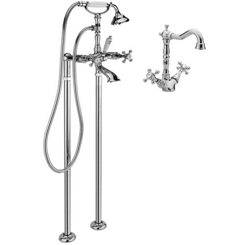 Larger image of Tre Mercati Allora Basin Mixer & Floor Standing Bath Shower Mixer Tap (Chrome).