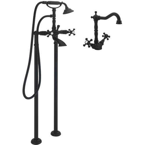 Larger image of Tre Mercati Allora Basin Mixer & Floor Standing Bath Shower Mixer Tap (M Black).