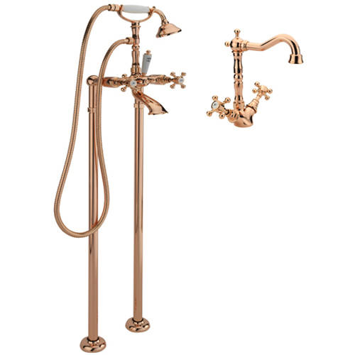 Larger image of Tre Mercati Allora Basin Mixer & Floor Standing Bath Shower Mixer Tap (R Gold).