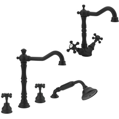 Larger image of Tre Mercati Allora Basin & 4 Hole Bath Shower Mixer Tap Pack (Matt Black).