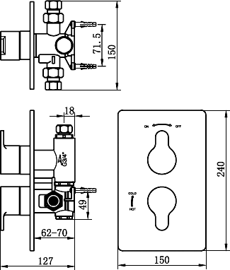 Technical image of Tre Mercati Vamp Thermostatic Twin Shower Valve With Head & Arm.