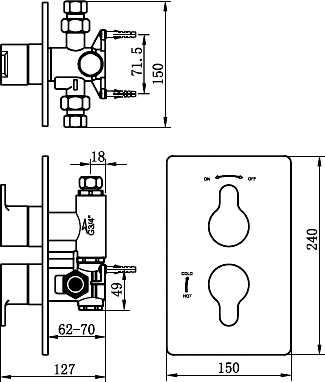 Technical image of Tre Mercati Ora Thermostatic Twin Shower Valve Wtih Head & Arm.