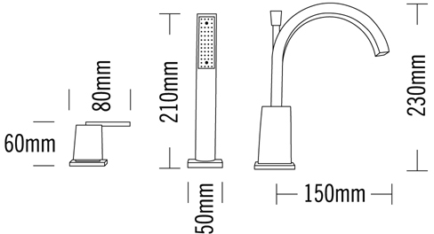 Technical image of Tre Mercati Mr Darcy 4 Tap Hole Bath Shower Mixer Tap With Shower Kit.