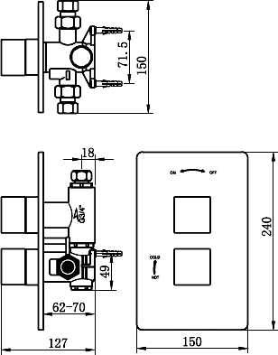 Technical image of Tre Mercati Geysir Thermostatic Twin Shower Valve (Chrome).