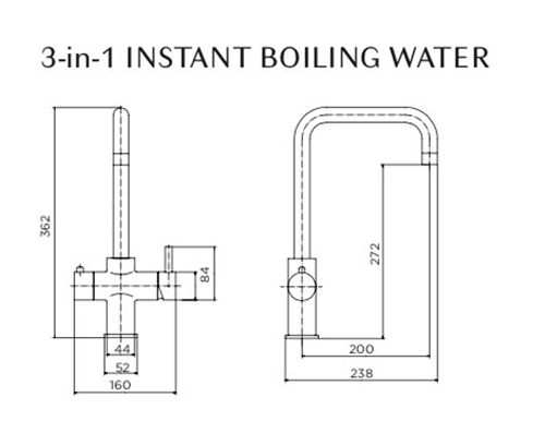 Technical image of Tre Mercati Boiling Taps 3-In-1 Boiling, Hot & Cold Water Tap (Chrome).