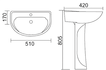 Technical image of Thames Modern Comet four piece bathroom suite with 1 tap hole basin.