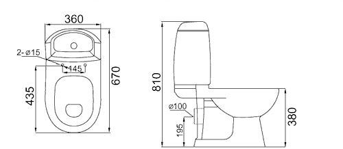 Technical image of Thames Modern Comet four piece bathroom suite with 2 tap hole basin.