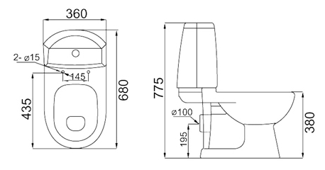 Technical image of Thames Modern Saturn four piece bathroom suite with 1 tap hole basin.