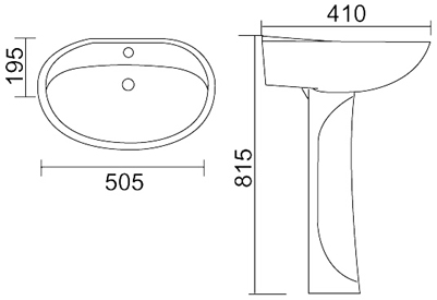 Technical image of Thames Modern Saturn four piece bathroom suite with 1 tap hole basin.