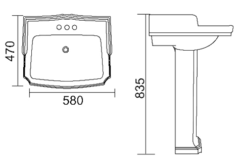 Technical image of Thames Traditional four piece bathroom suite with 1 tap hole basin.