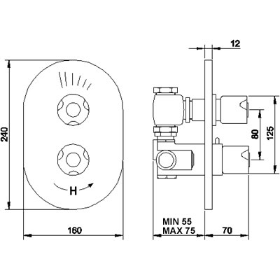 Technical image of Monet Thermostatic Twin Shower Valve.