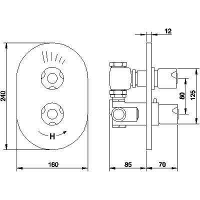 Technical image of Ultra Isla Twin concealed thermostatic shower valve