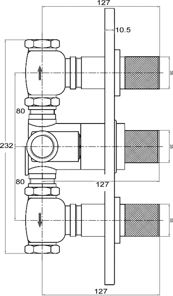 Technical image of Sensational Aspect/ Horizon Triple thermostatic valve + 8" head & jets.