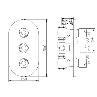 Technical image of Neptune Triple concealed thermostatic shower valve