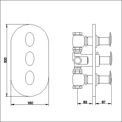 Technical image of Ultra Ella Triple concealed thermostatic shower valve