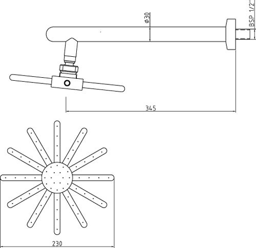 Technical image of Hudson Reed Tec 3/4" Twin Thermostatic Shower Valve, Diverter, Head & Jets.