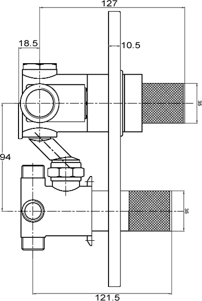 Technical image of Ultra Contour Twin concealed shower valve with diverter (chrome/gold)